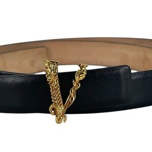Versace Black Belt with Gold V Buckle